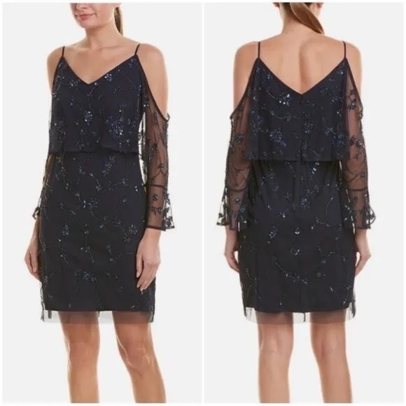 🆕 ADRIANNA PAPELL Twilight Navy Cold Shoulder Short Beaded Sheath Dress SZ 10 - Picture 1 of 6